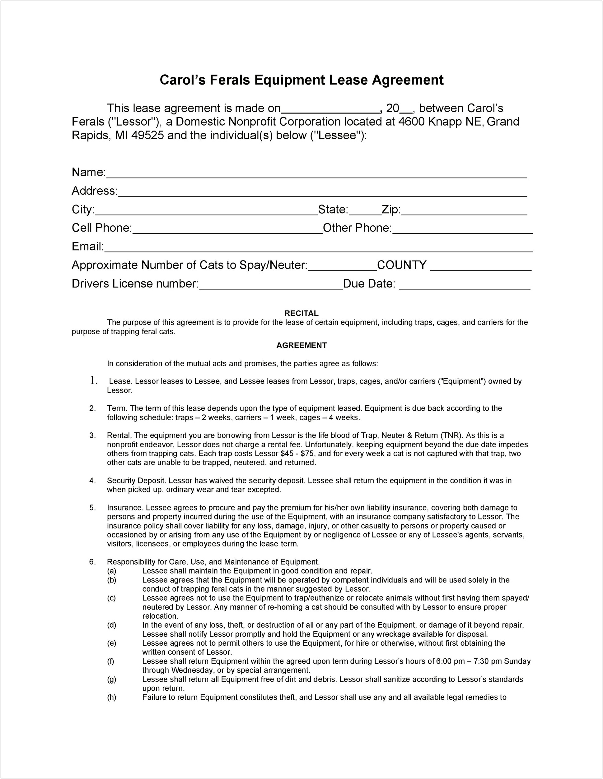 Equipment Rental Agreement Template Free South Africa