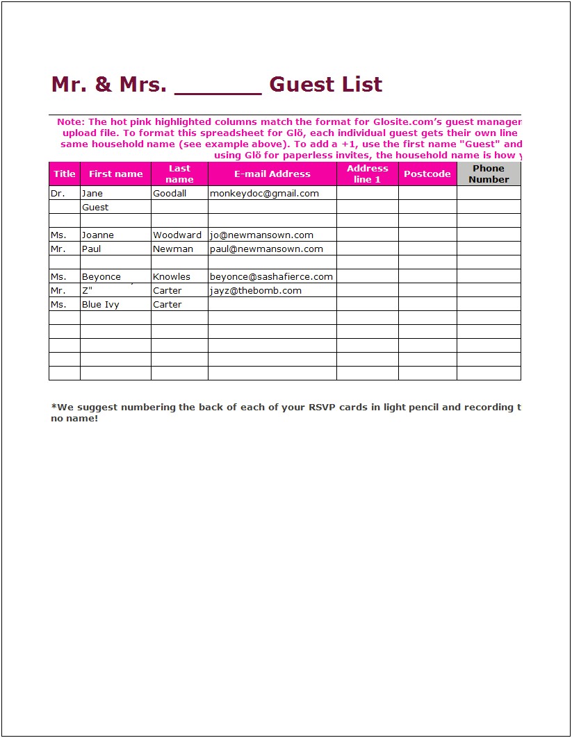 Event Guest List Template Excel Free Download