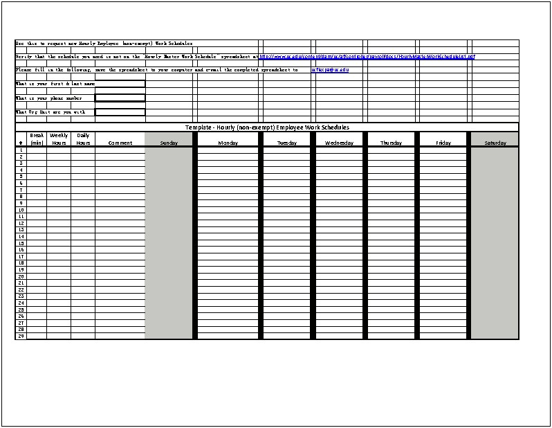 Excel Employee Horizontal Hourly Schedule Template Free