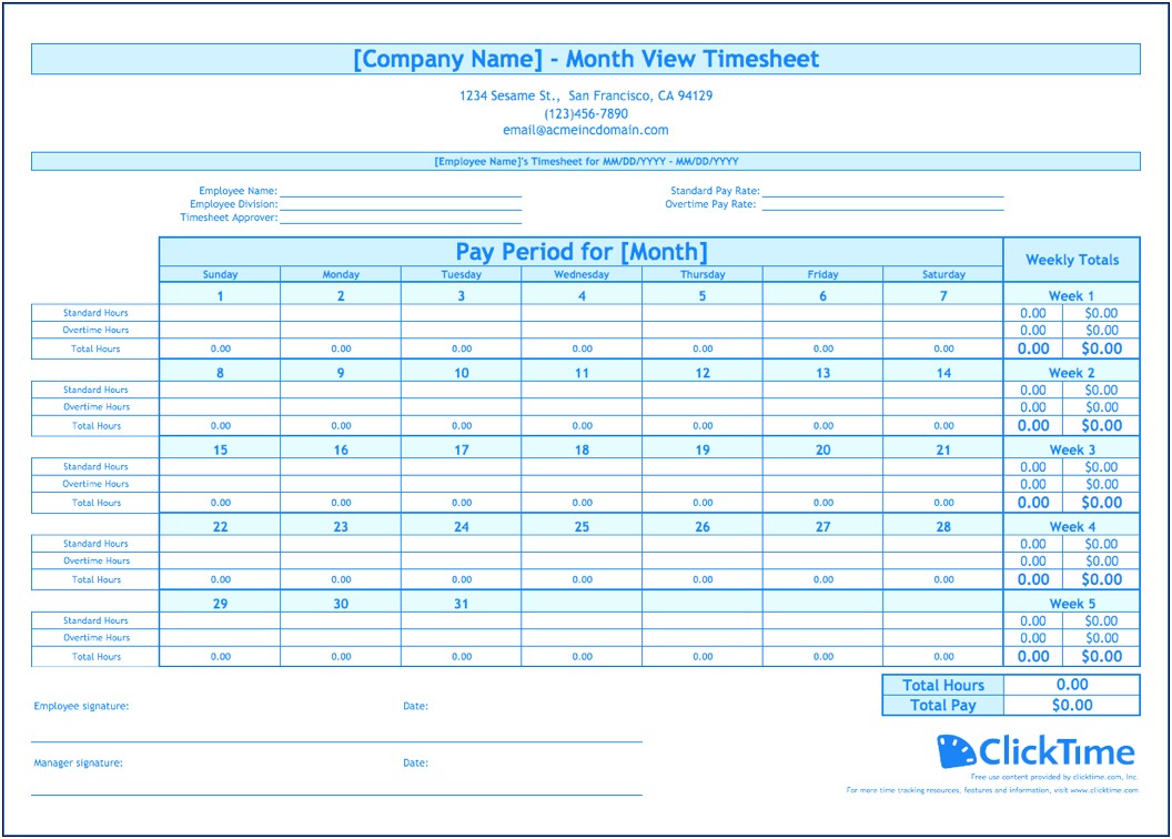 Excel Monthly Timesheet Template With Calculations Free Download