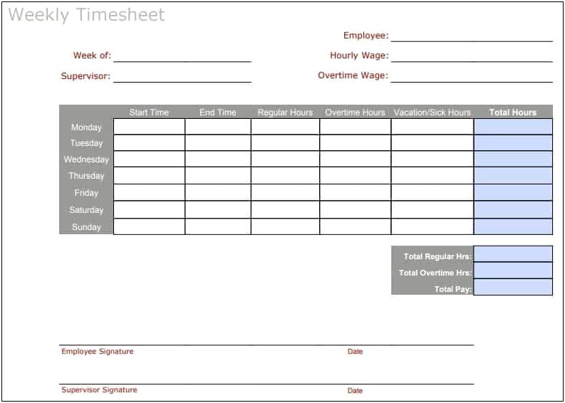 Excel Weekly Timesheet Template With Formulas Free