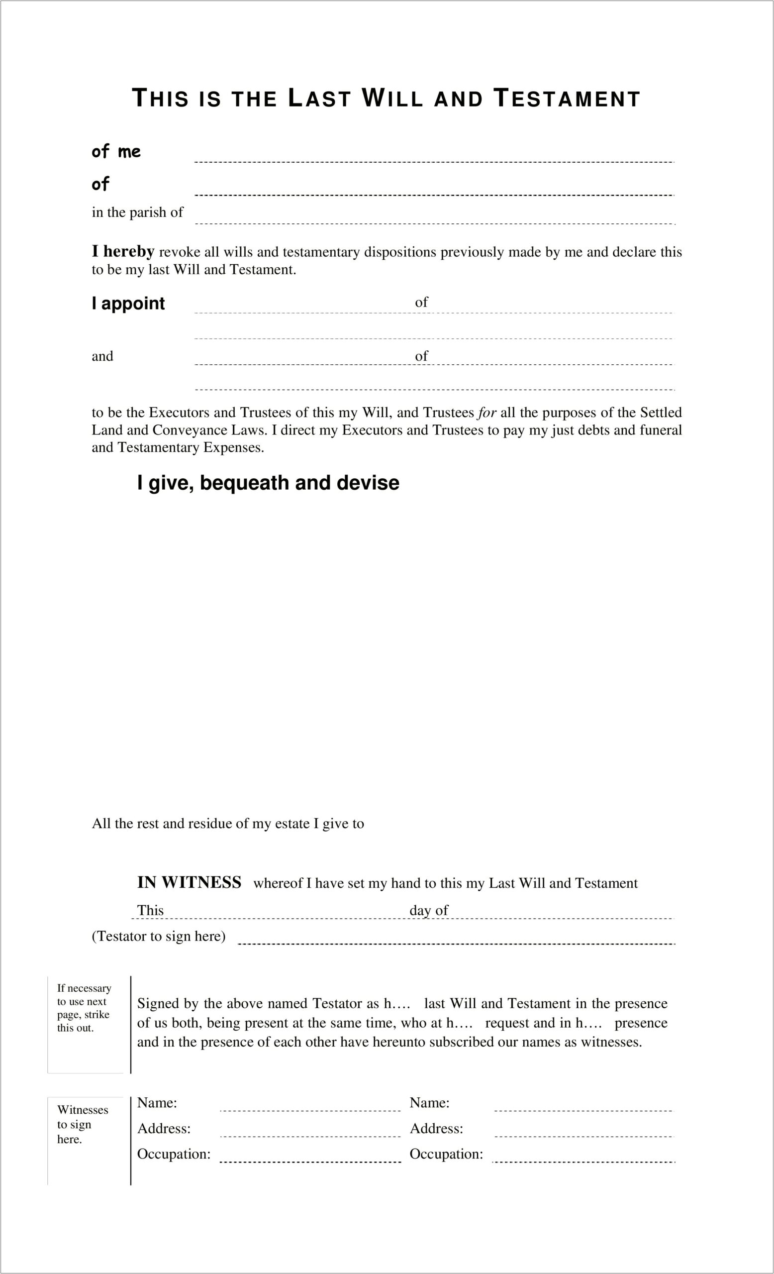 Final Will And Testament Free Template
