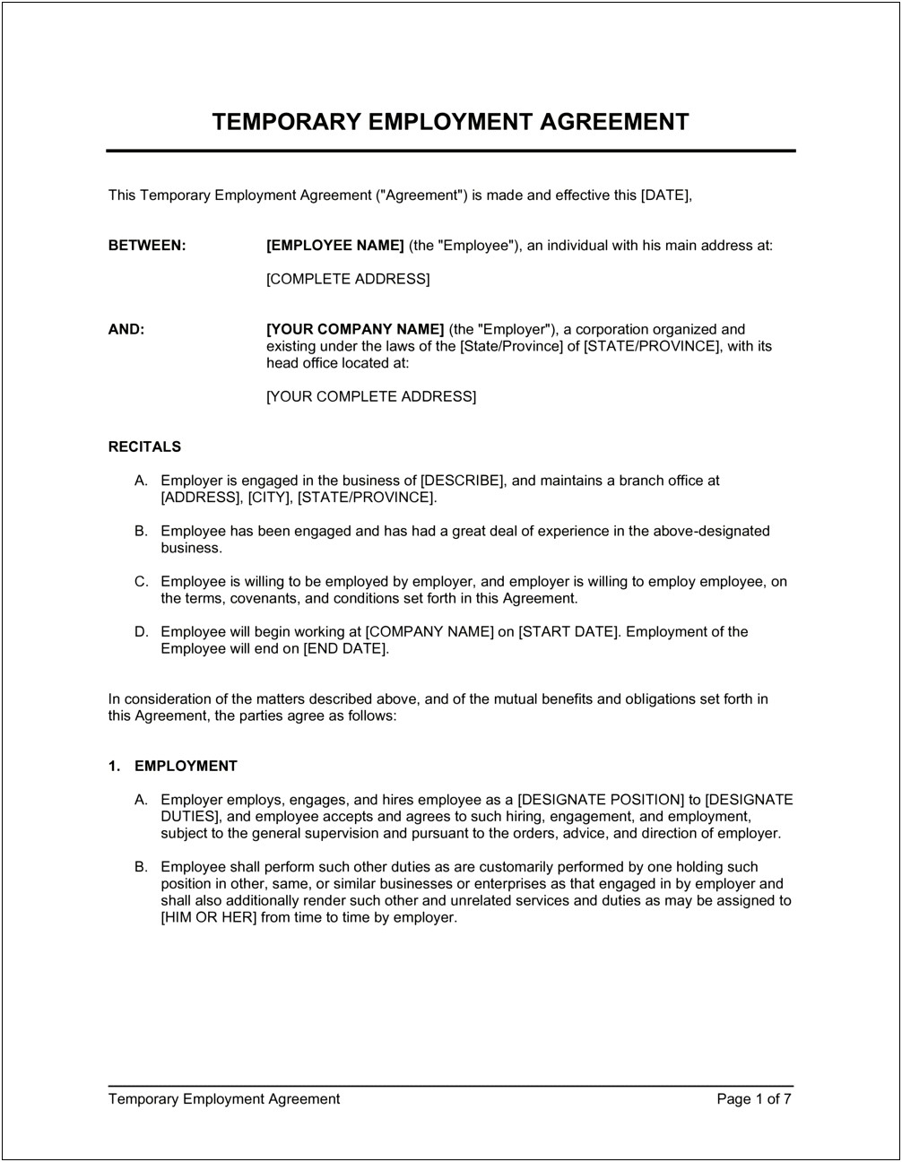 Fixed Term Employment Contract Template Free