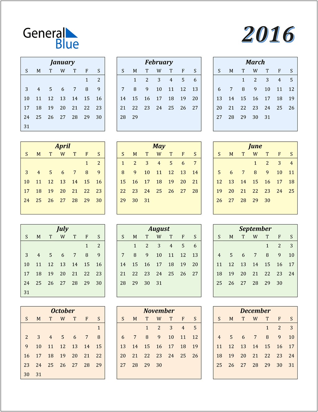 Free 12 Month Calendar Template 2016