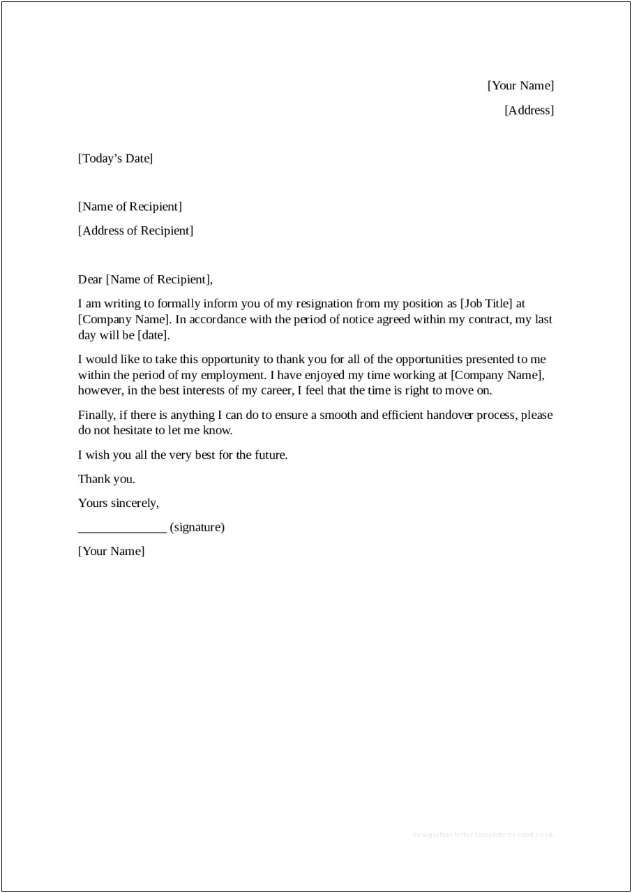 Free 2 Week Resignation Letter Template