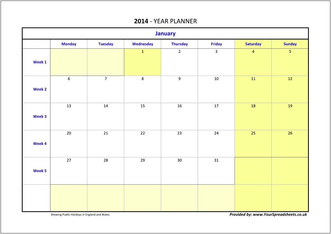 Free 2014 Yearly Calendar Template Excel