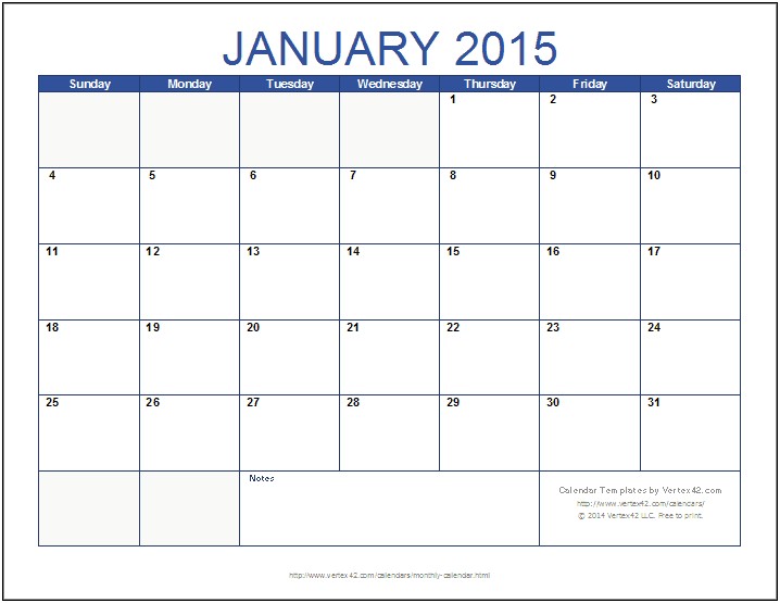 Free 2015 Monthly Calendar Template Excel