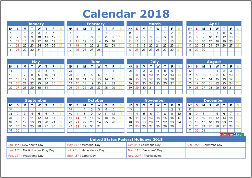 Free 2018 12 Month Calendar Template