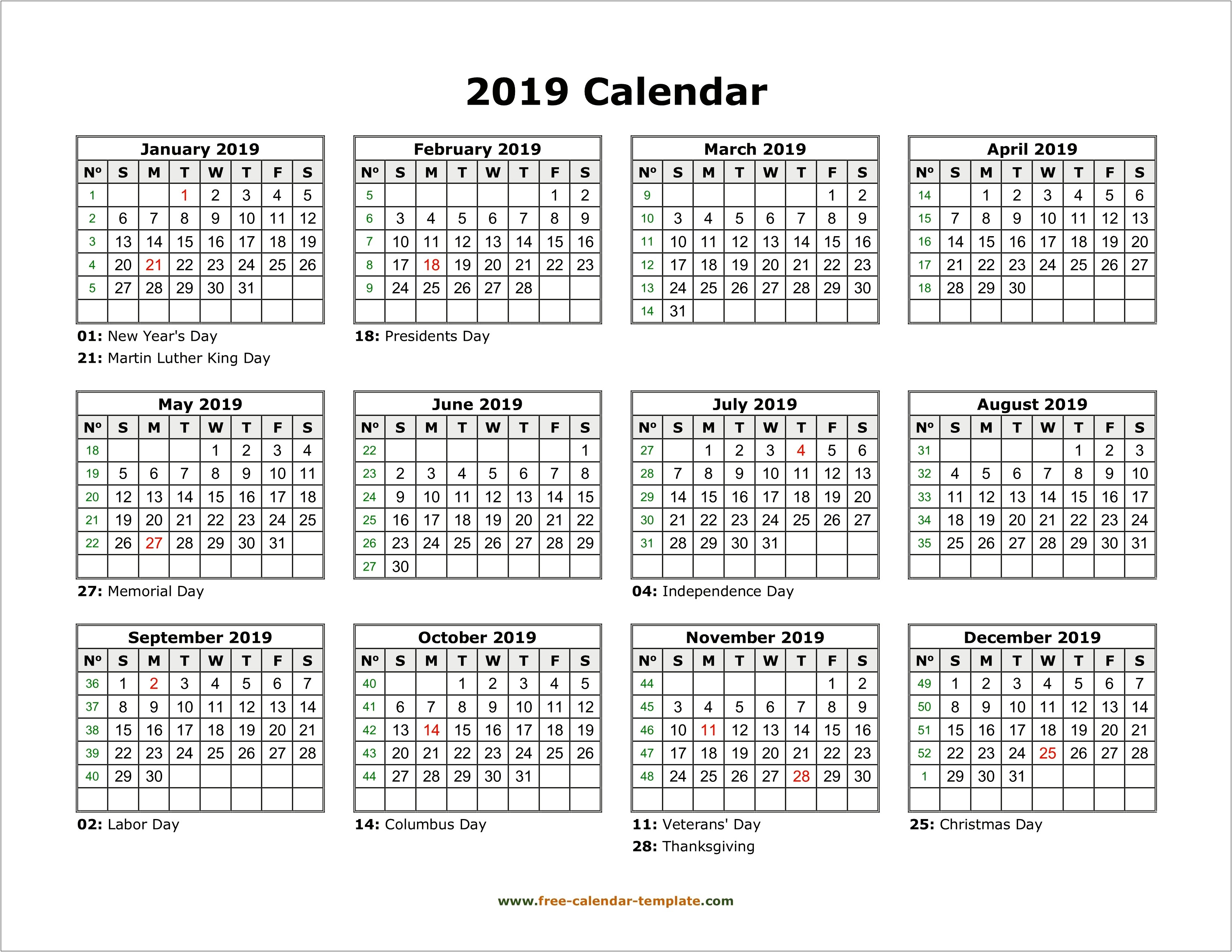 Free 2019 Calendar Template With Holidays
