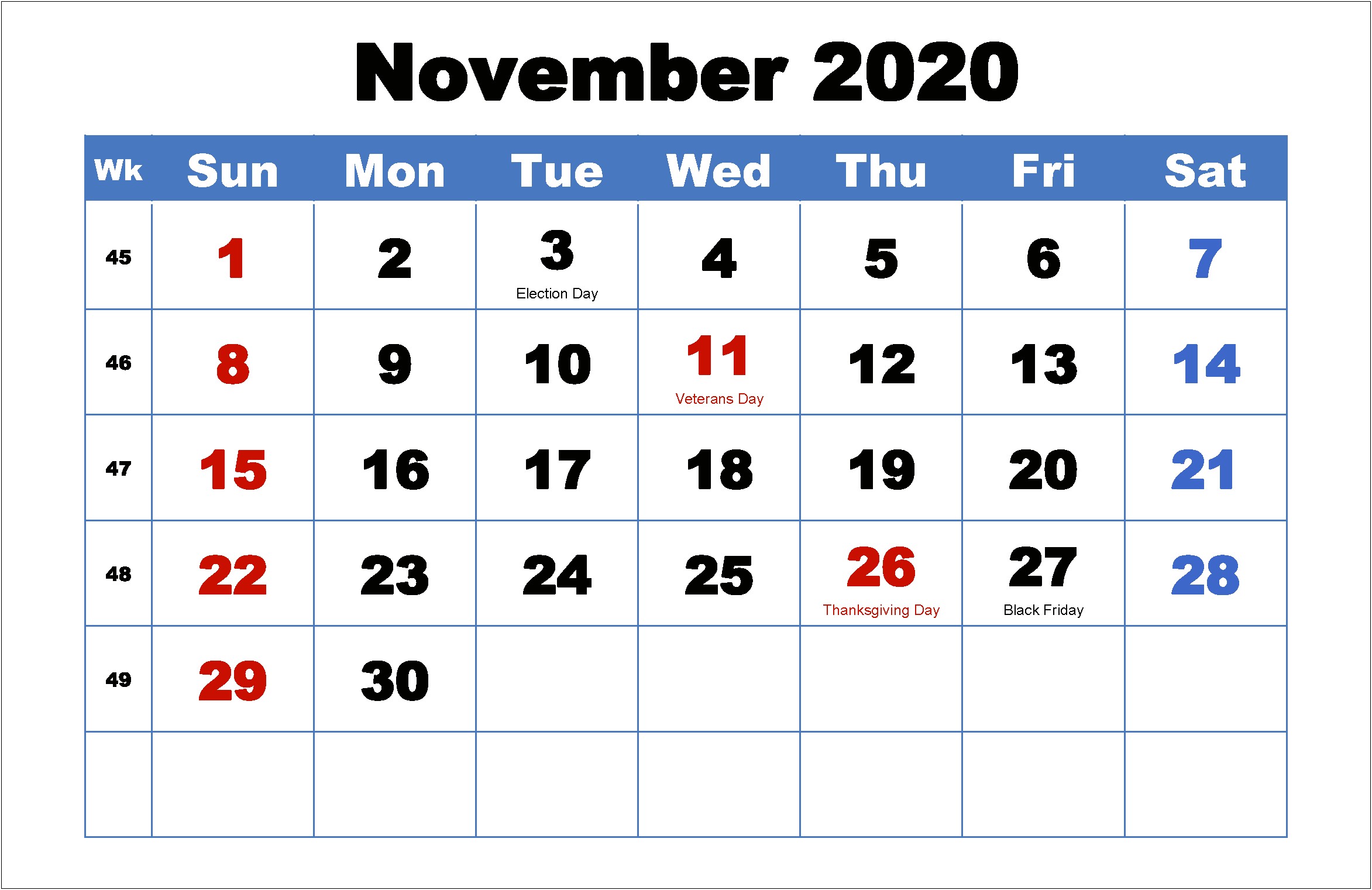 Free 2020 Calendar Template With Holidays