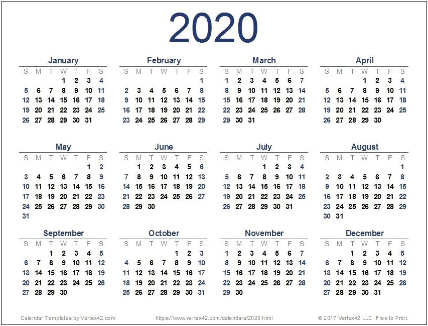 Free 2020 Colored Yearly Calendar Templates
