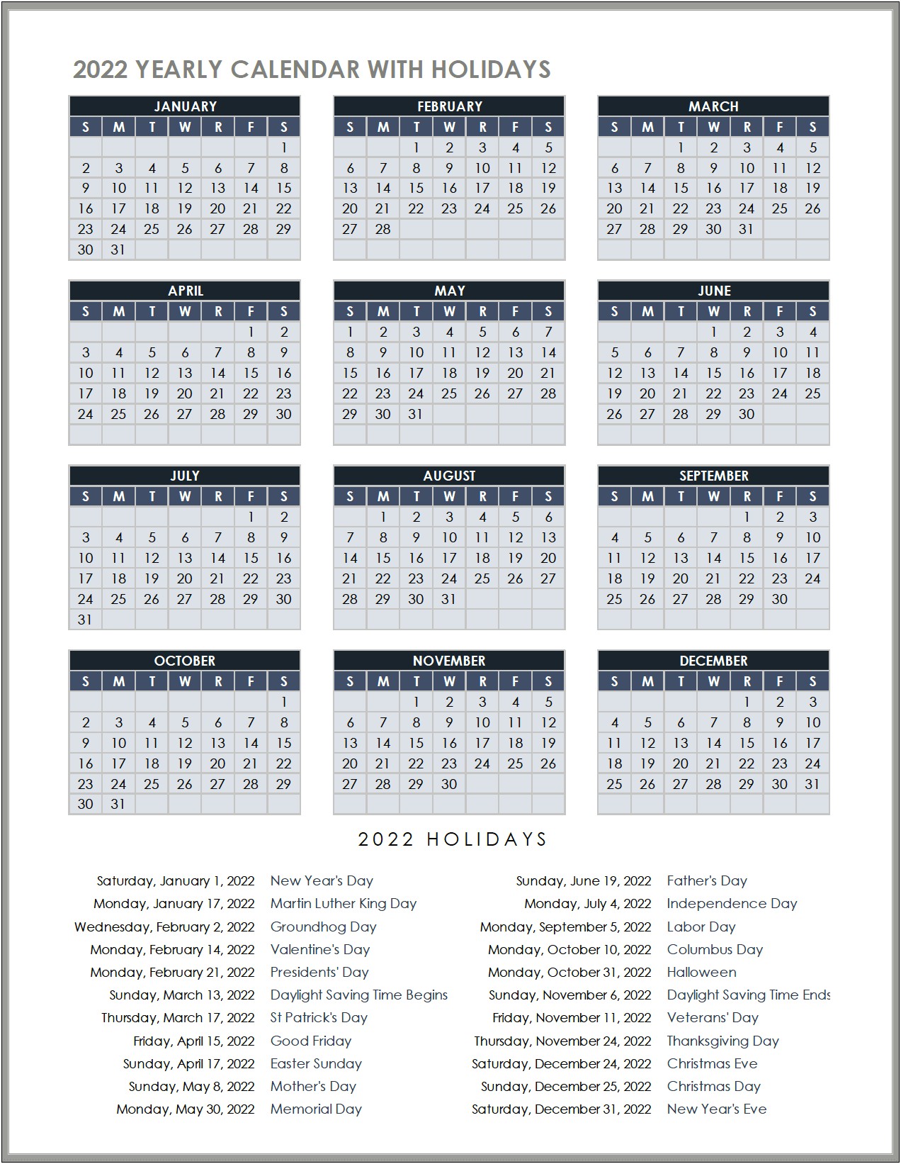 Free 2020 Monthly Calendar Template With Holidays