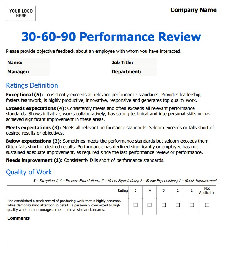 Free 90 Day Employee Performance Evaluation Template