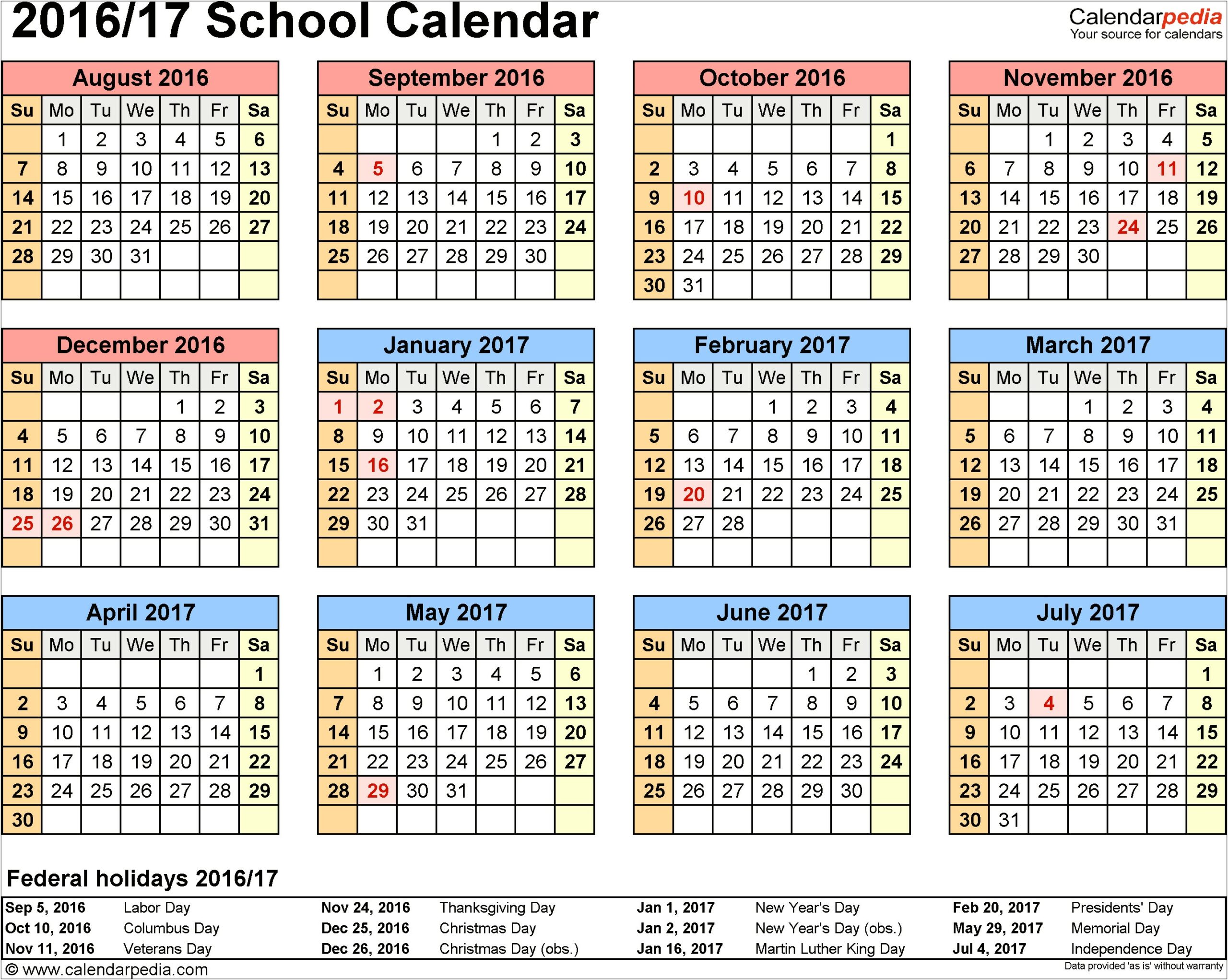 Free Academic Calendar Template 2017 18