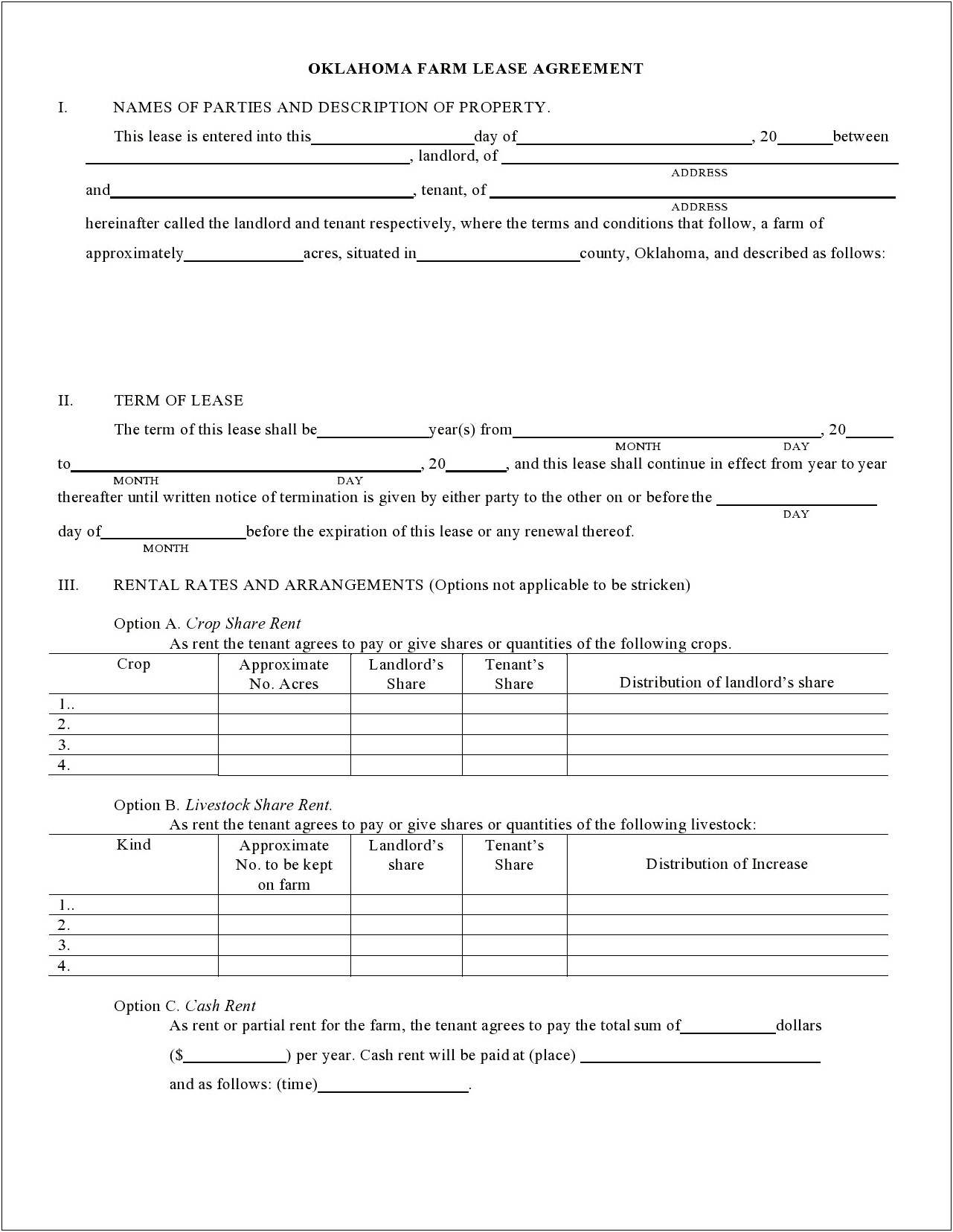 Free Agricultural Land Lease Agreement Template