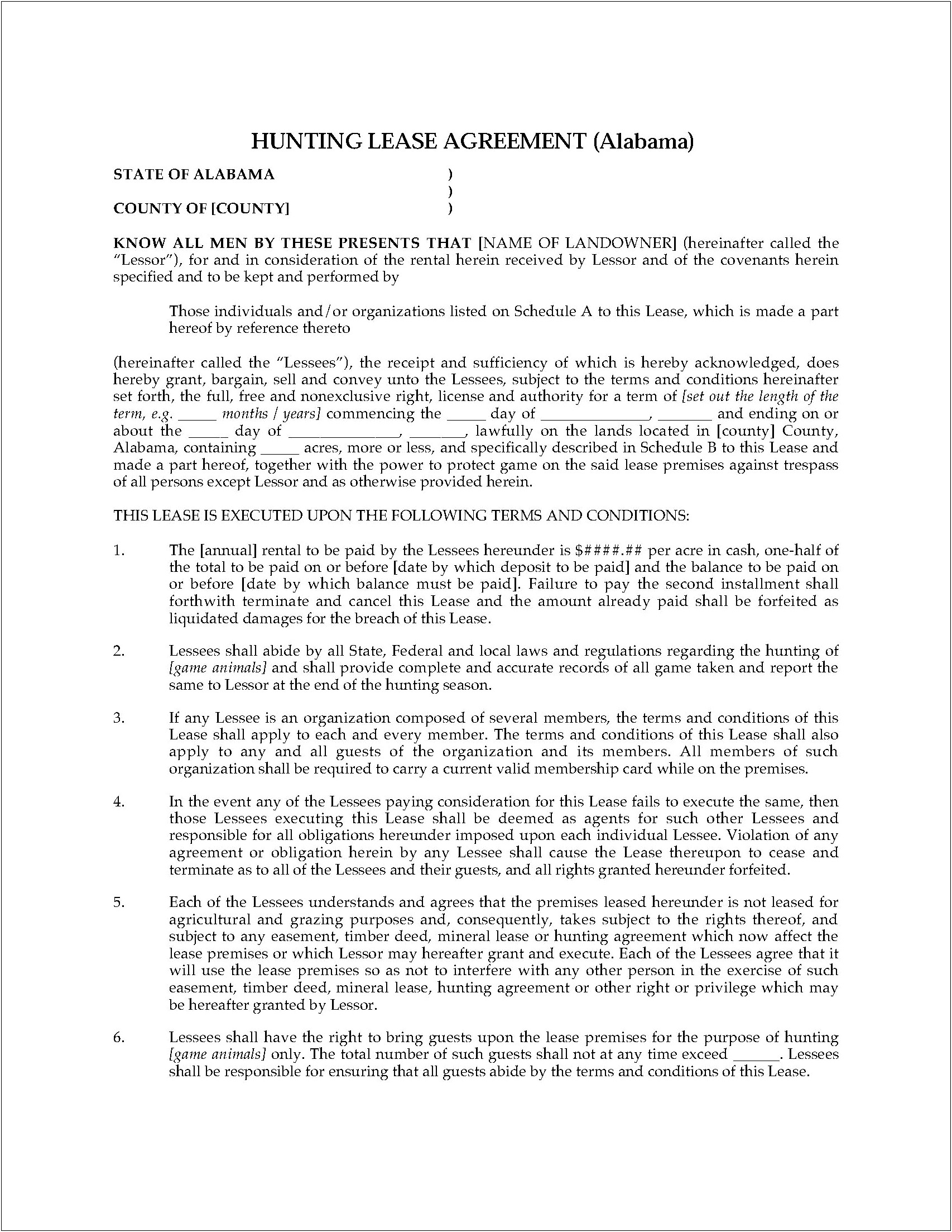 Free Alabama Hunting Lease Agreement Template