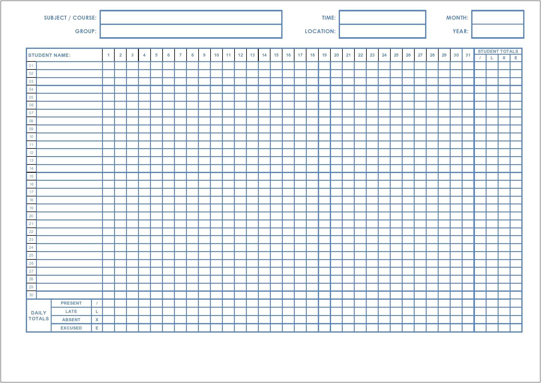 Free And Printable Template For Attendance Sheet