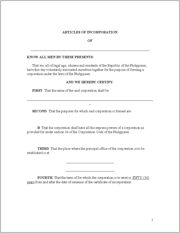 Free Articles Of Incorporation Template Example