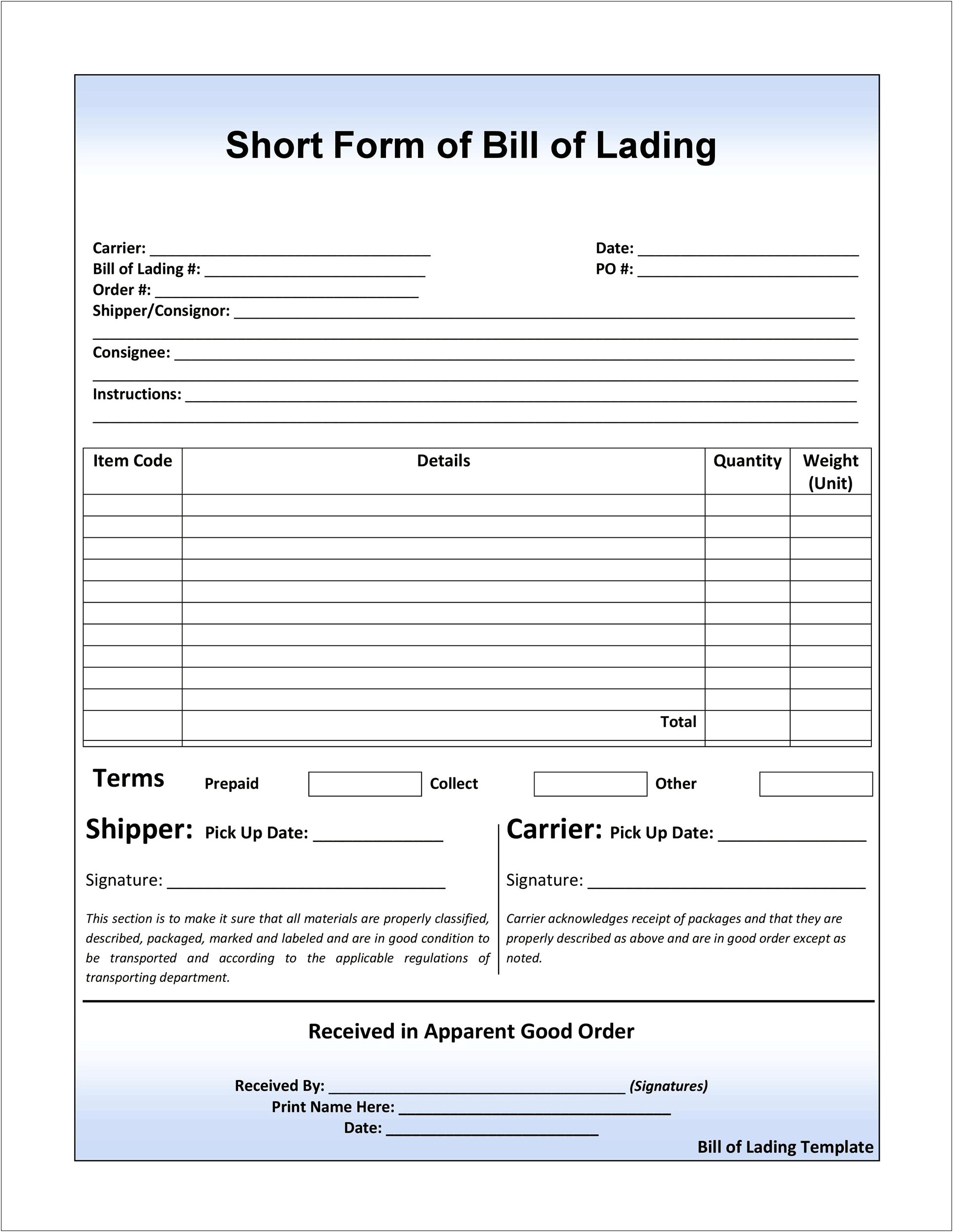 Free Bill Of Lading Template For Trucking