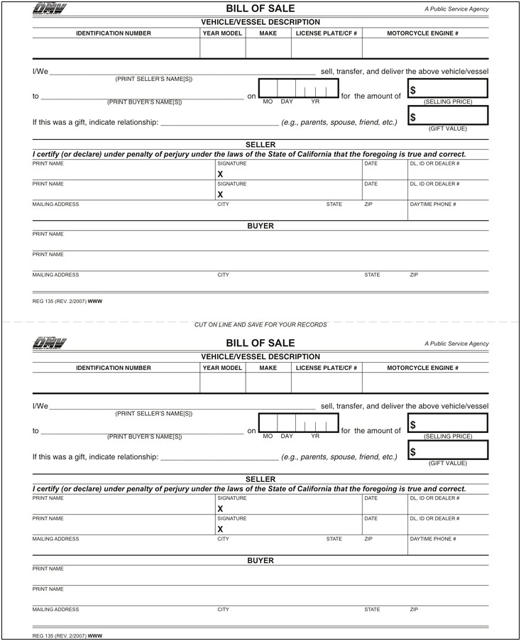 Free Bill Of Sale Contract Template Ca