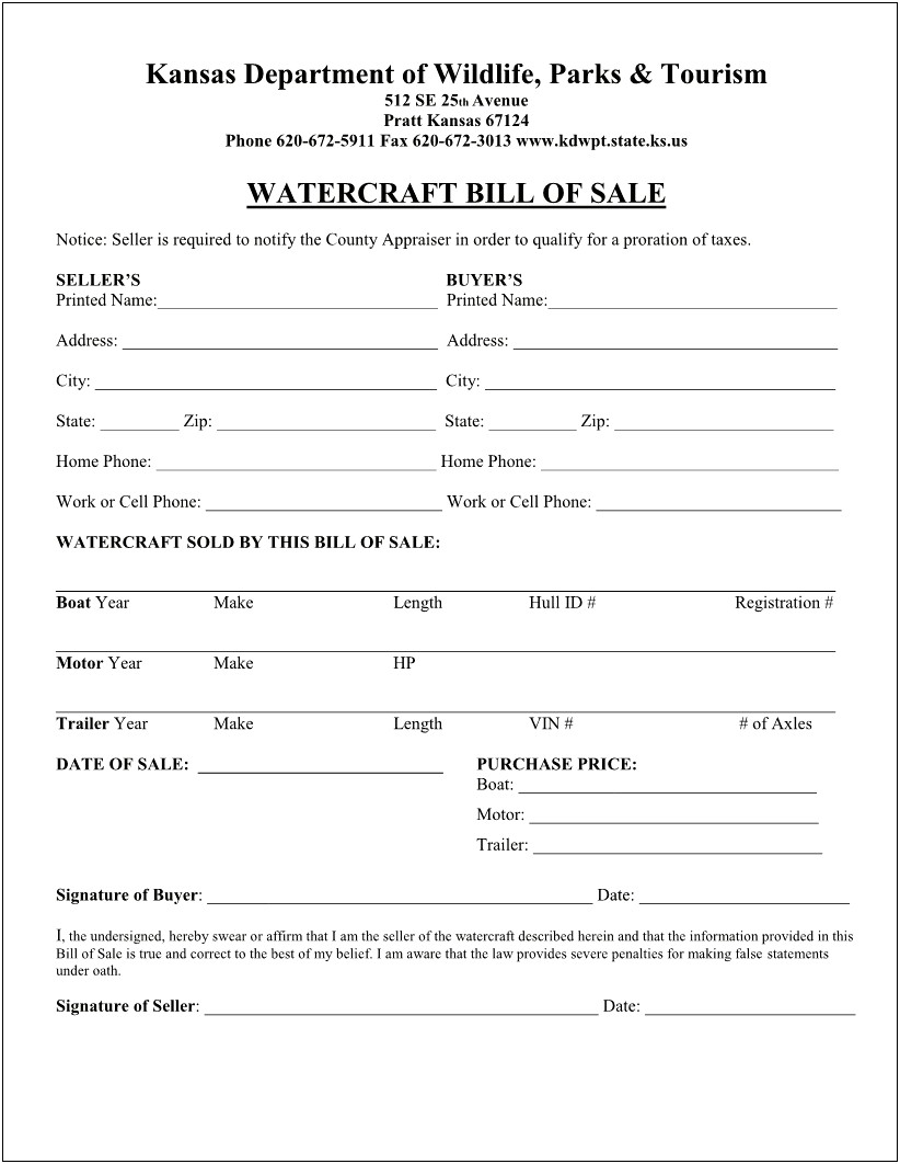Free Bill Of Sale Contract Template