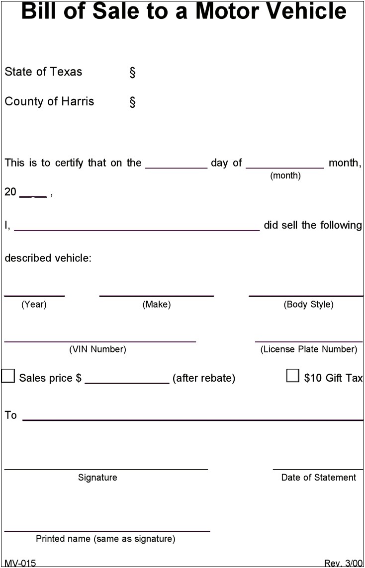 Free Bill Of Sale Template For Car Texas