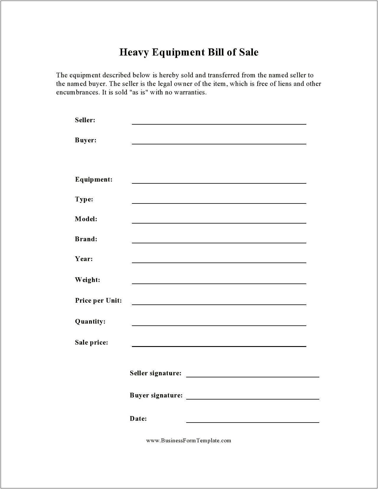 Free Bill Of Sale Template For Farm Equipment