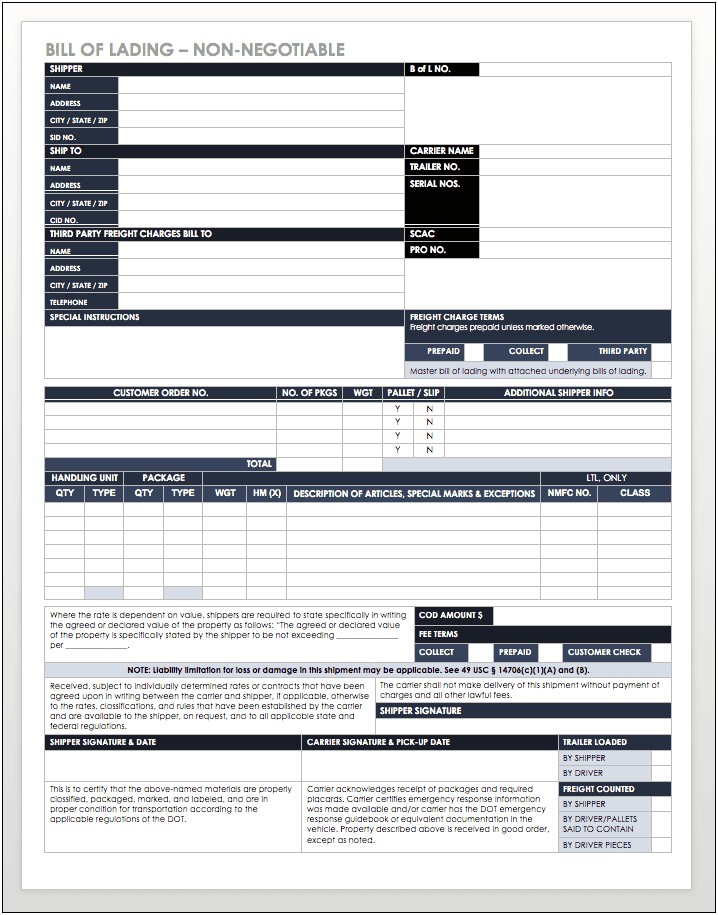 Free Blank Bill Of Lading Template