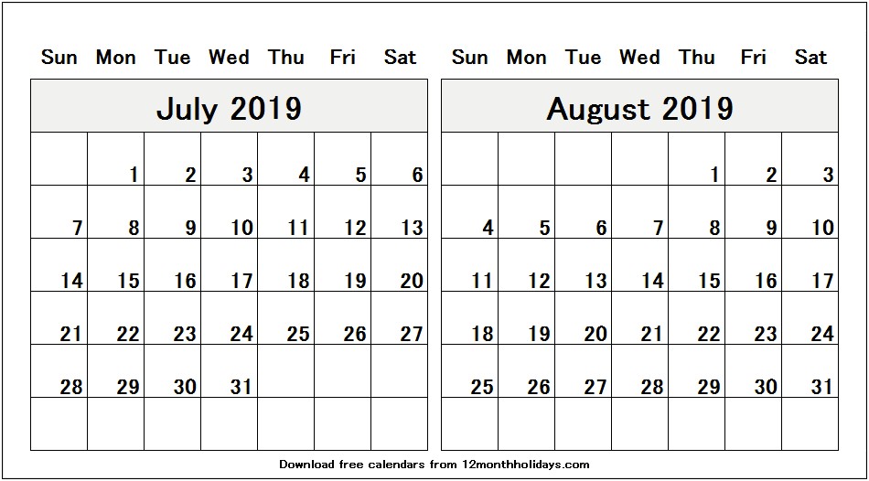 Free Blank Calendar Template July 2019