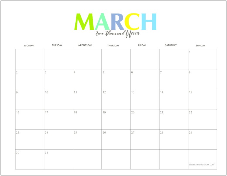 Free Blank Calendar Template March 2015