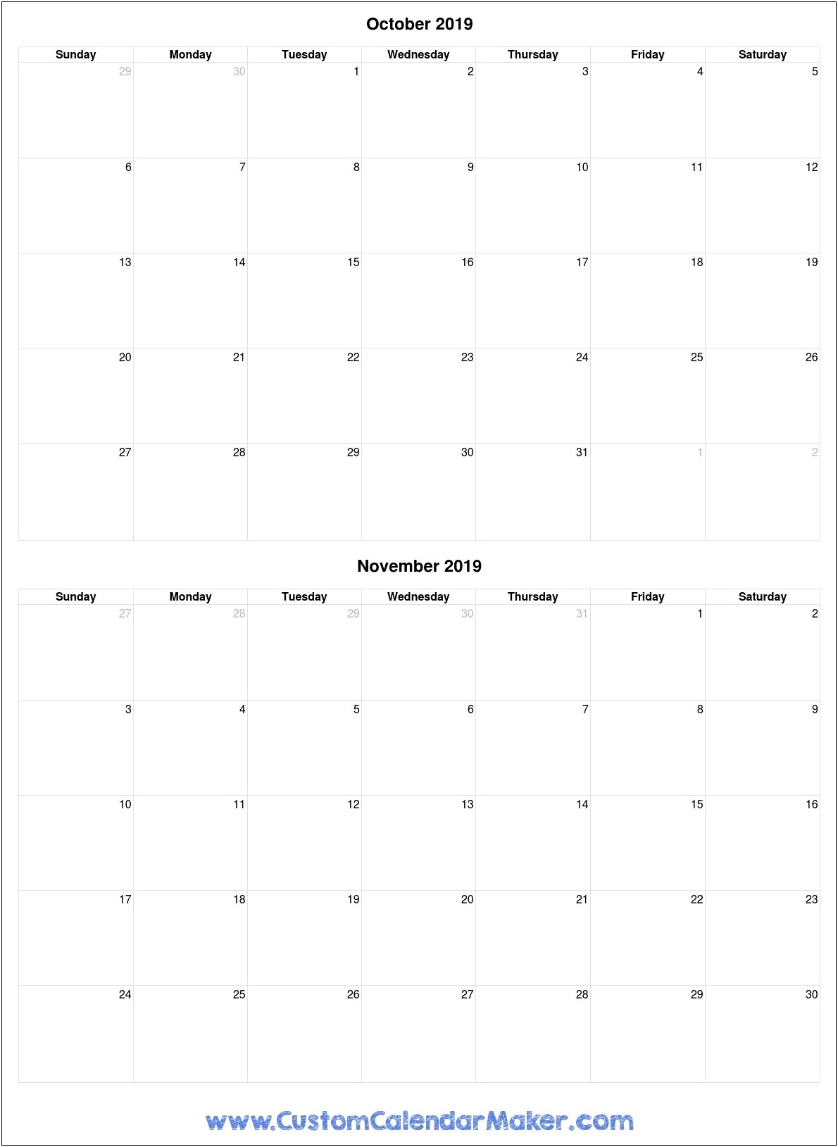 Free Blank Calendar Template October 2019