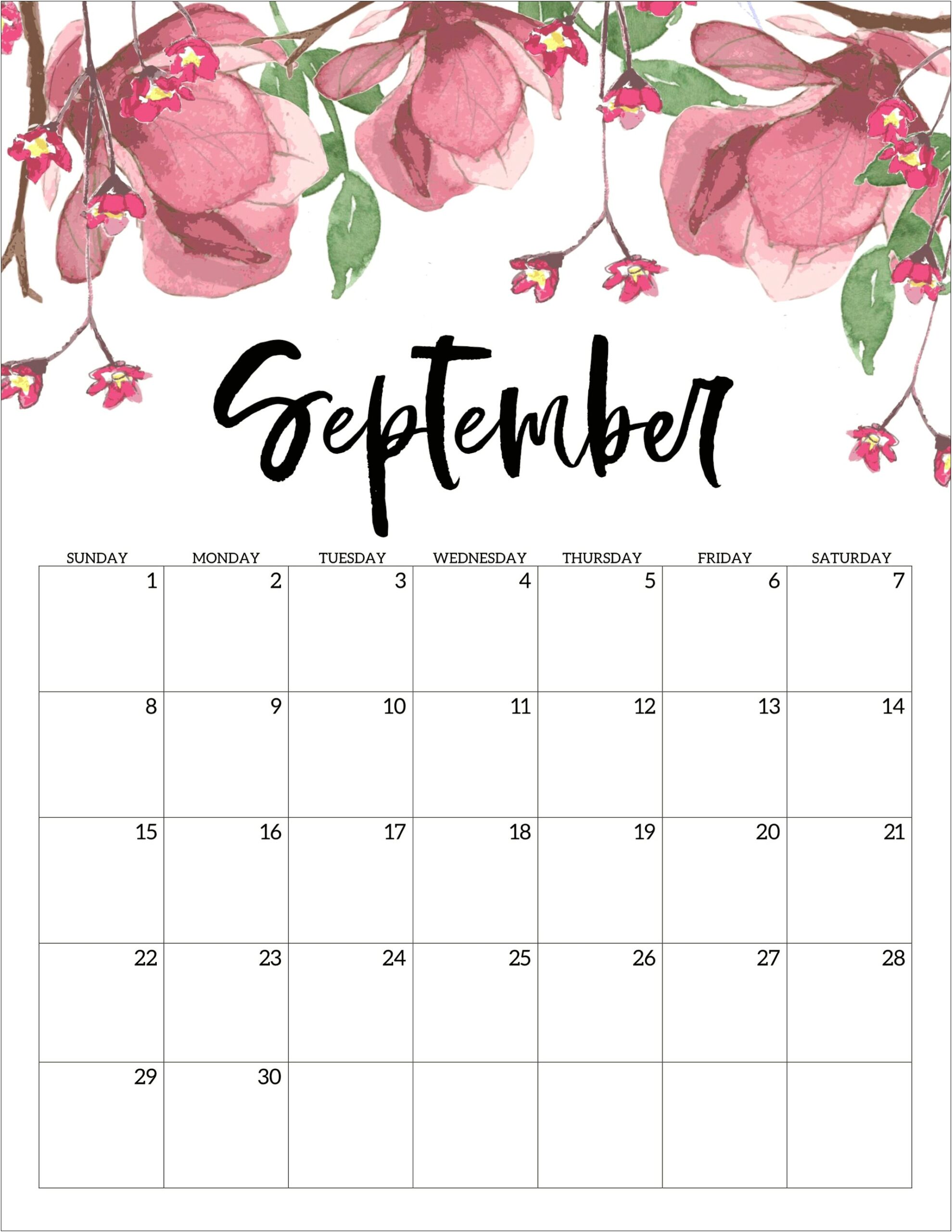 Free Blank Calendar Template September 2019