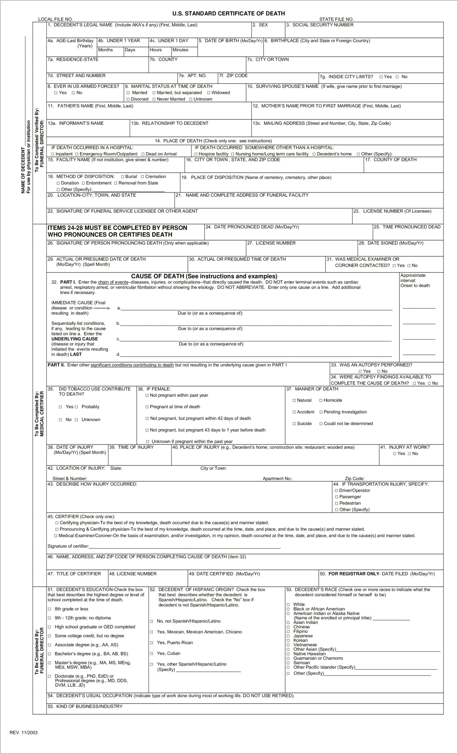 Free Blank Fillable Death Certificate Template