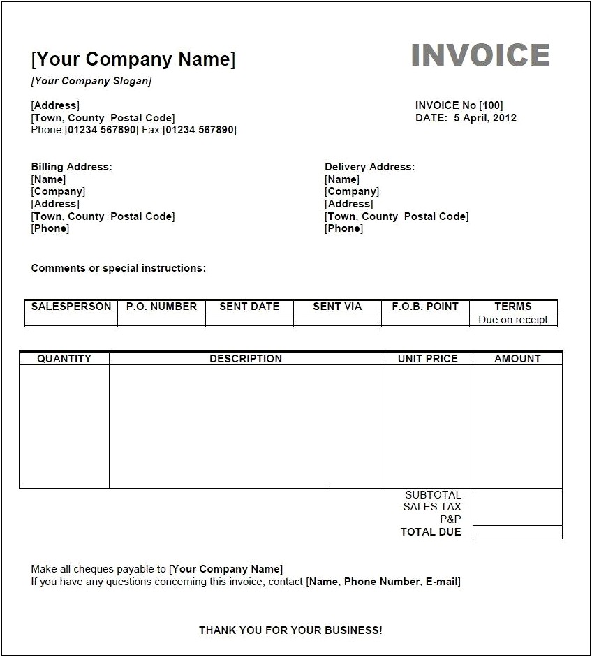 Free Blank Invoice Templates For Word 2000