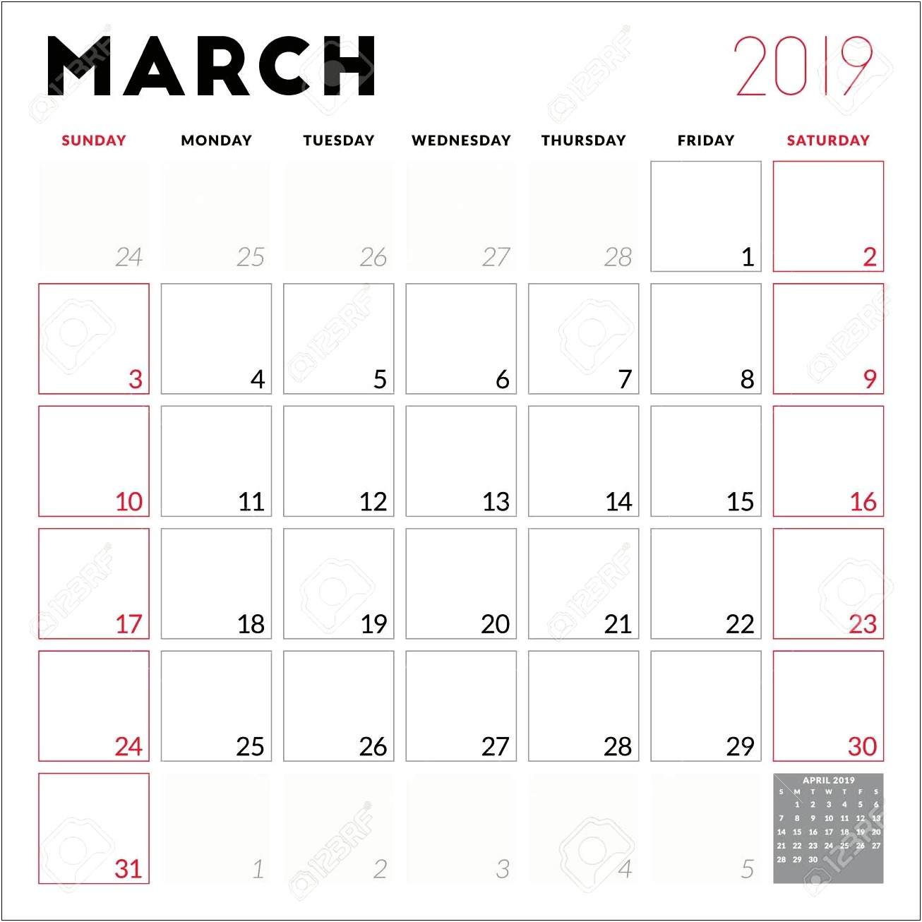 Free Blank March 2019 Calendar Template