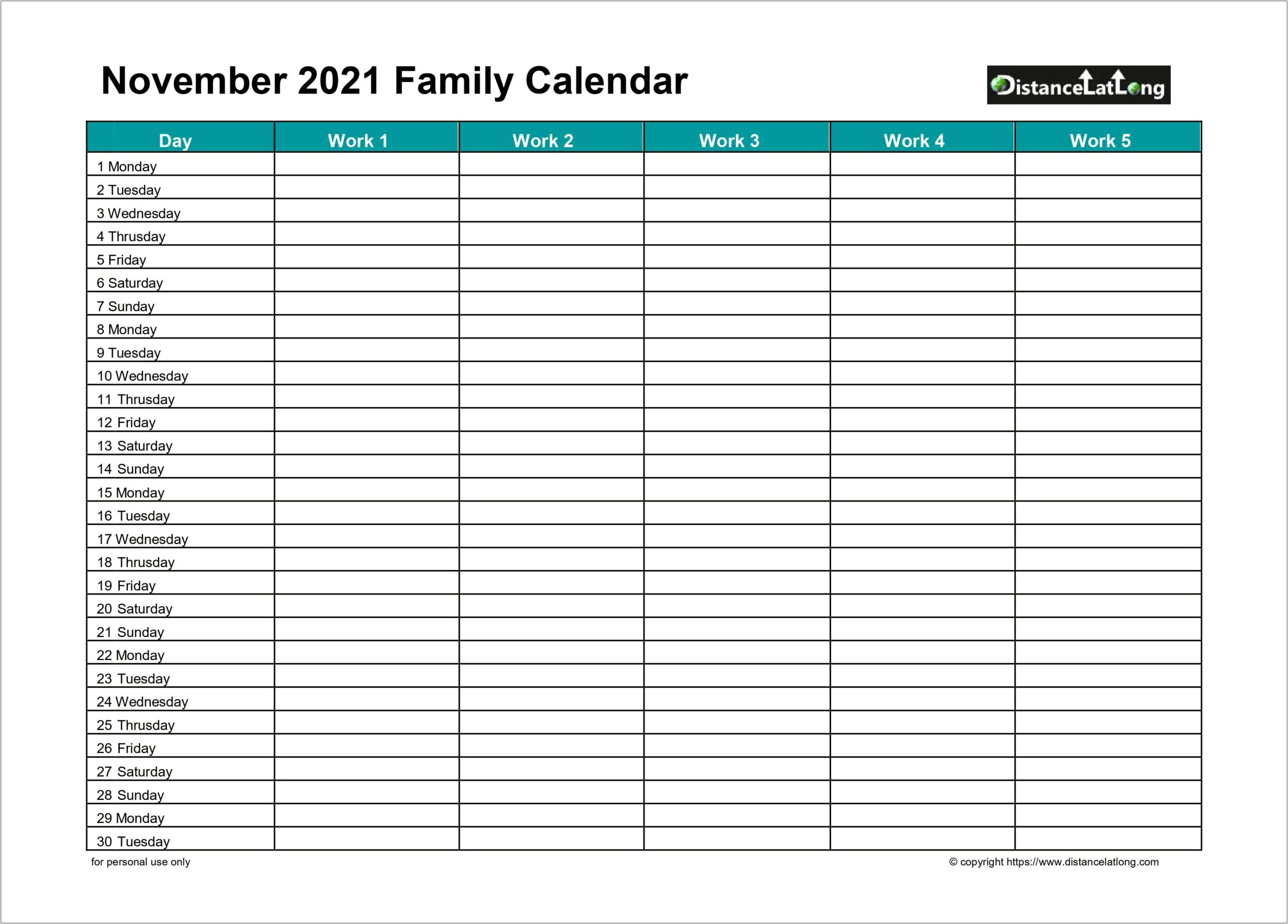 Free Blank Monthly Calendar 2019 November Template
