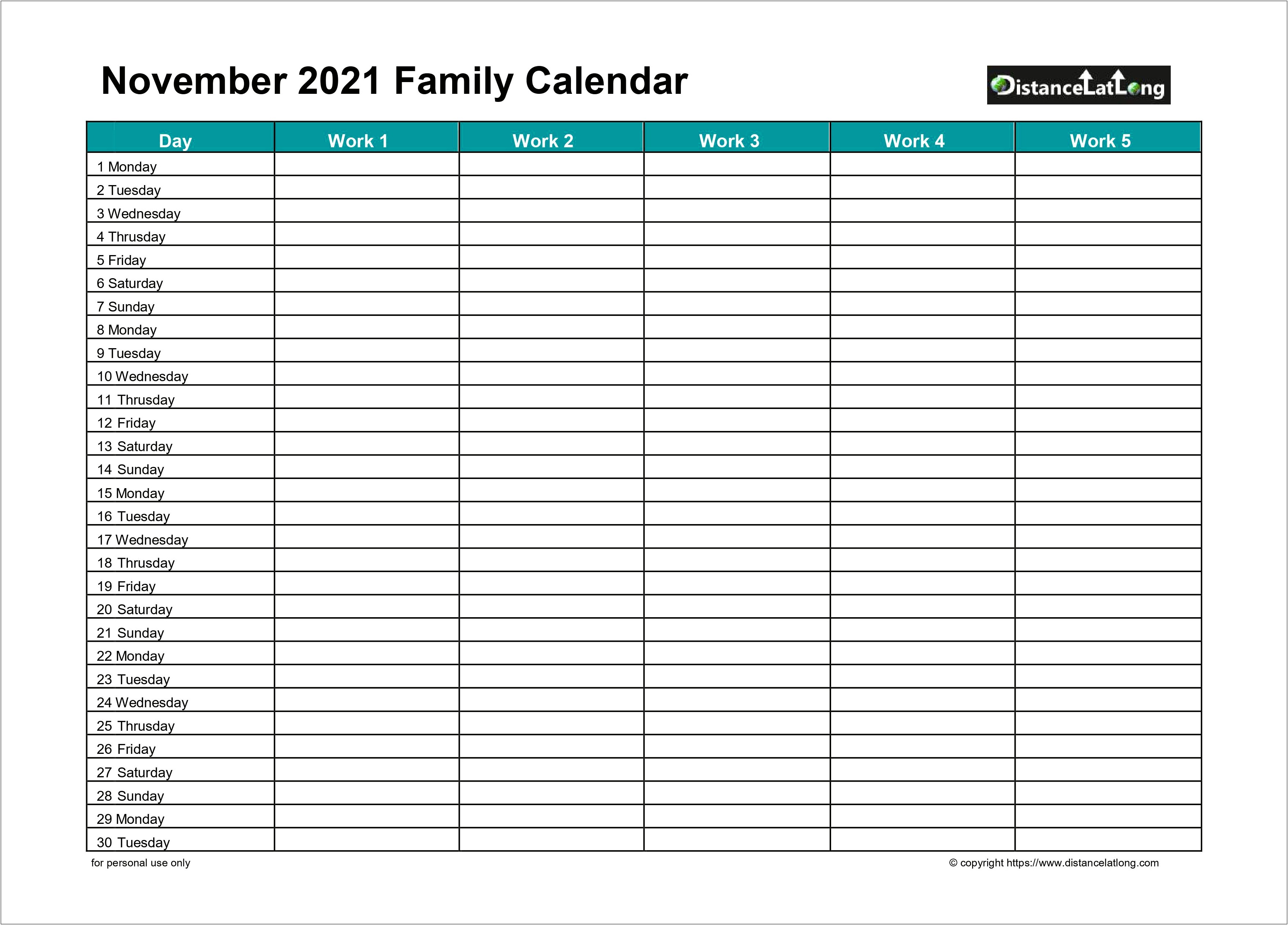 Free Blank Monthly Calendar 2019 November Template