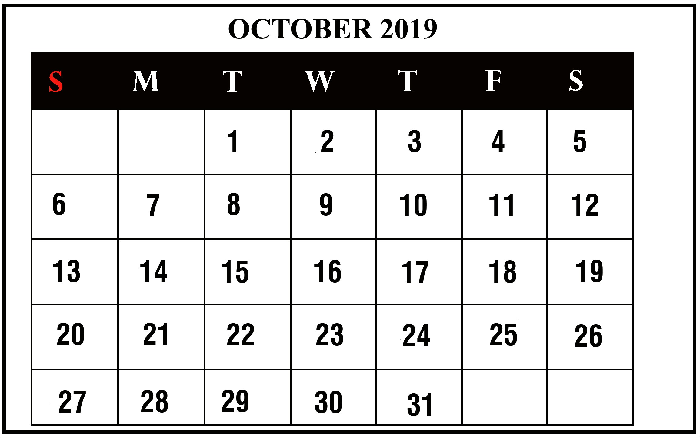 Free Blank Monthly Calendar 2019 Oct Template