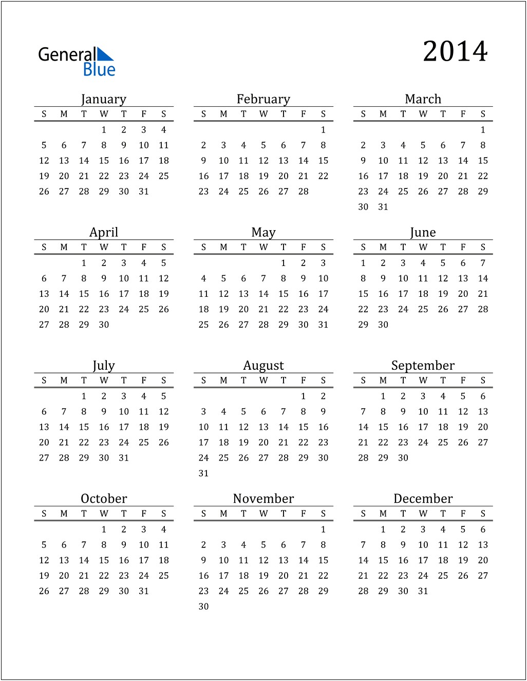 Free Blank Monthly Calendar Template 2014
