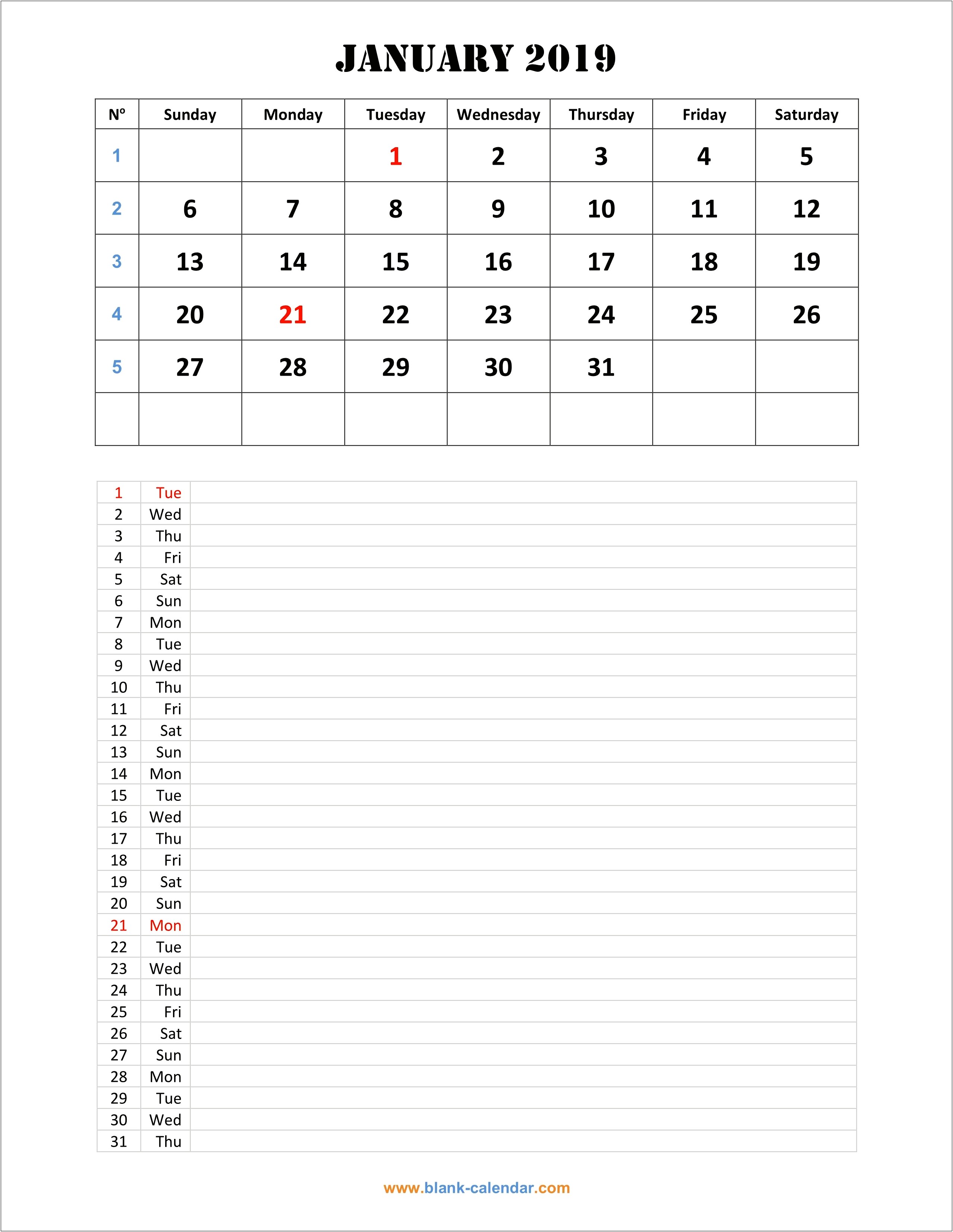 Free Blank Monthly Calendar Template 2019