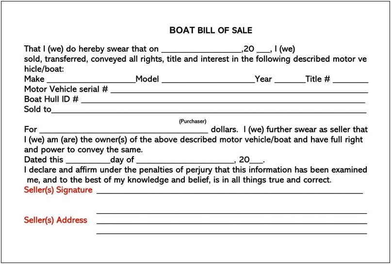Free Boat Bill Of Sale Template Canada