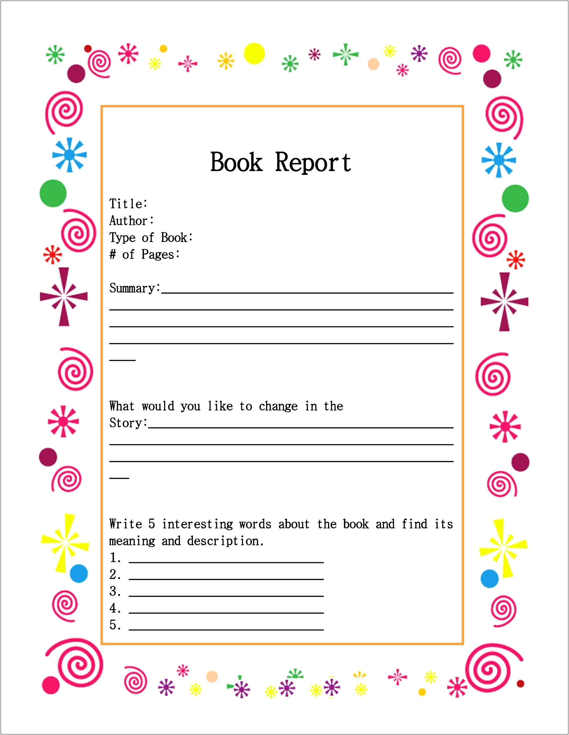 Free Book Report Template For Elementary Students