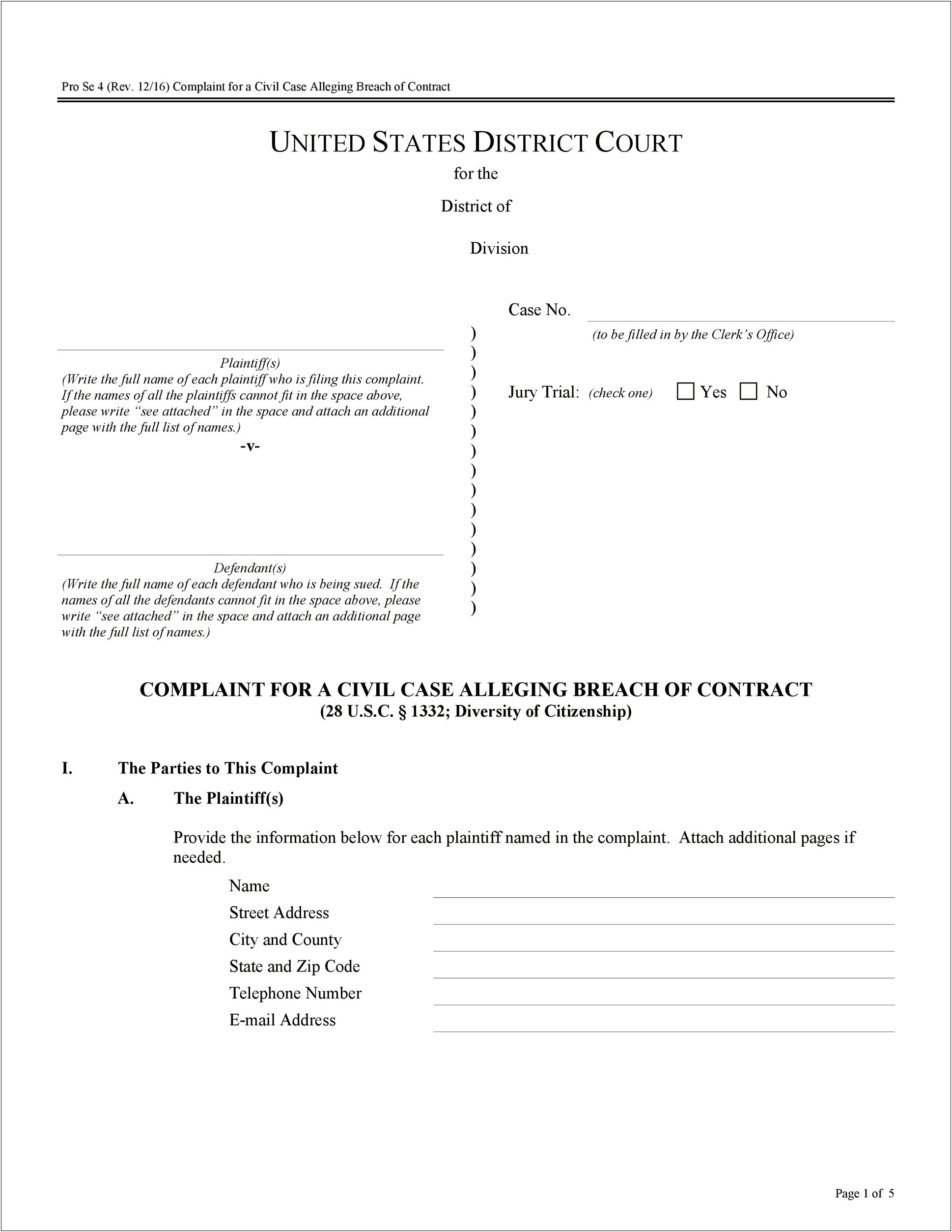 Free Breach Of Contract Complaint Template