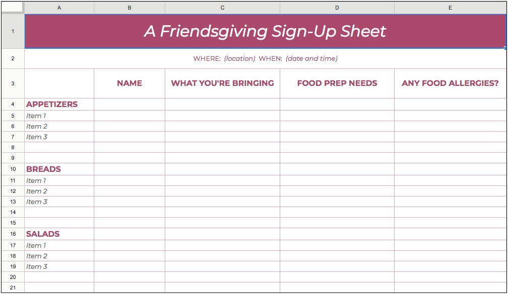 Free Breakfast Potluck Signup Sheet Template