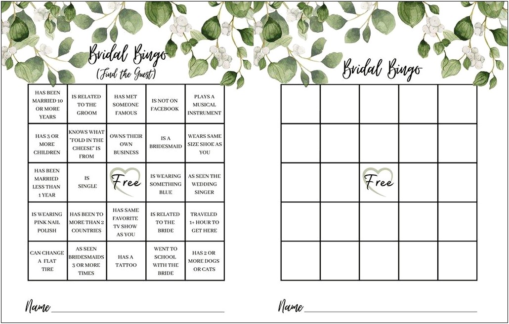 Free Bridal Shower Bingo Game Template