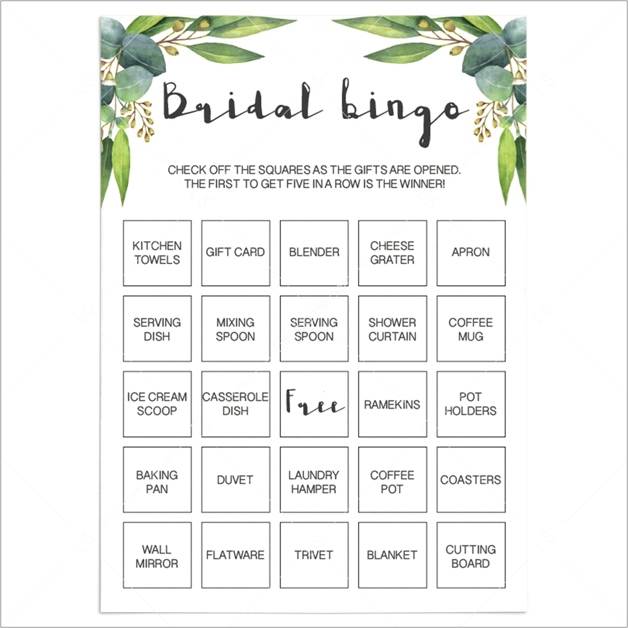 Free Bridal Shower Bingo Template Blank