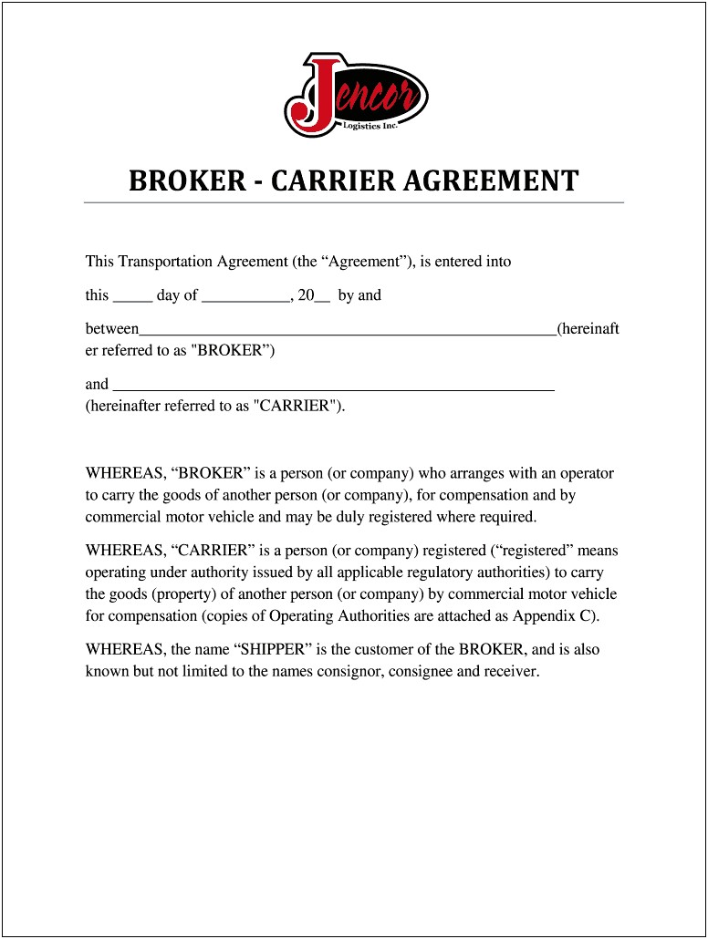 Free Broker Carrier Agreement Template Fillable