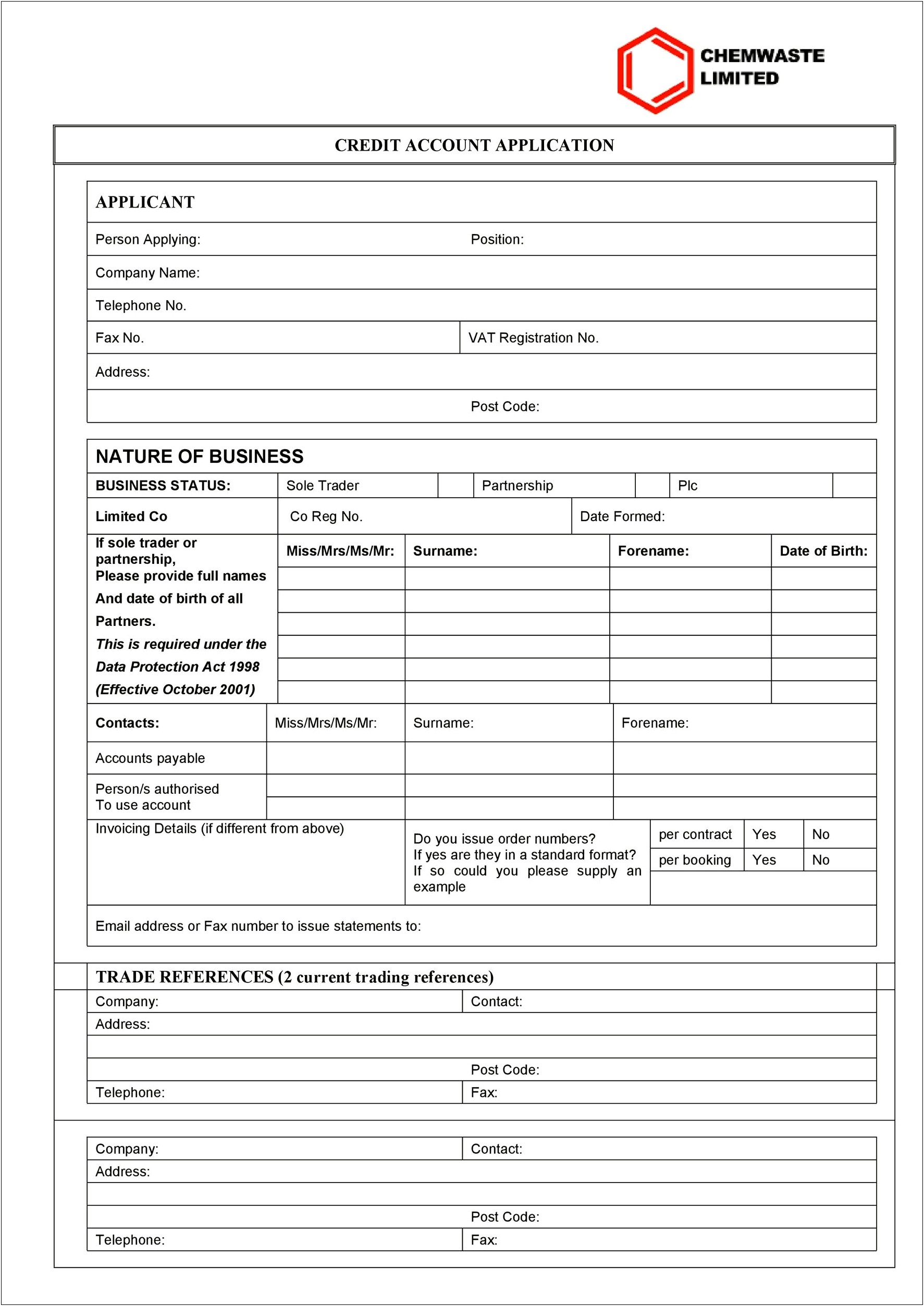 Free Business Credit Application Form Template Australia