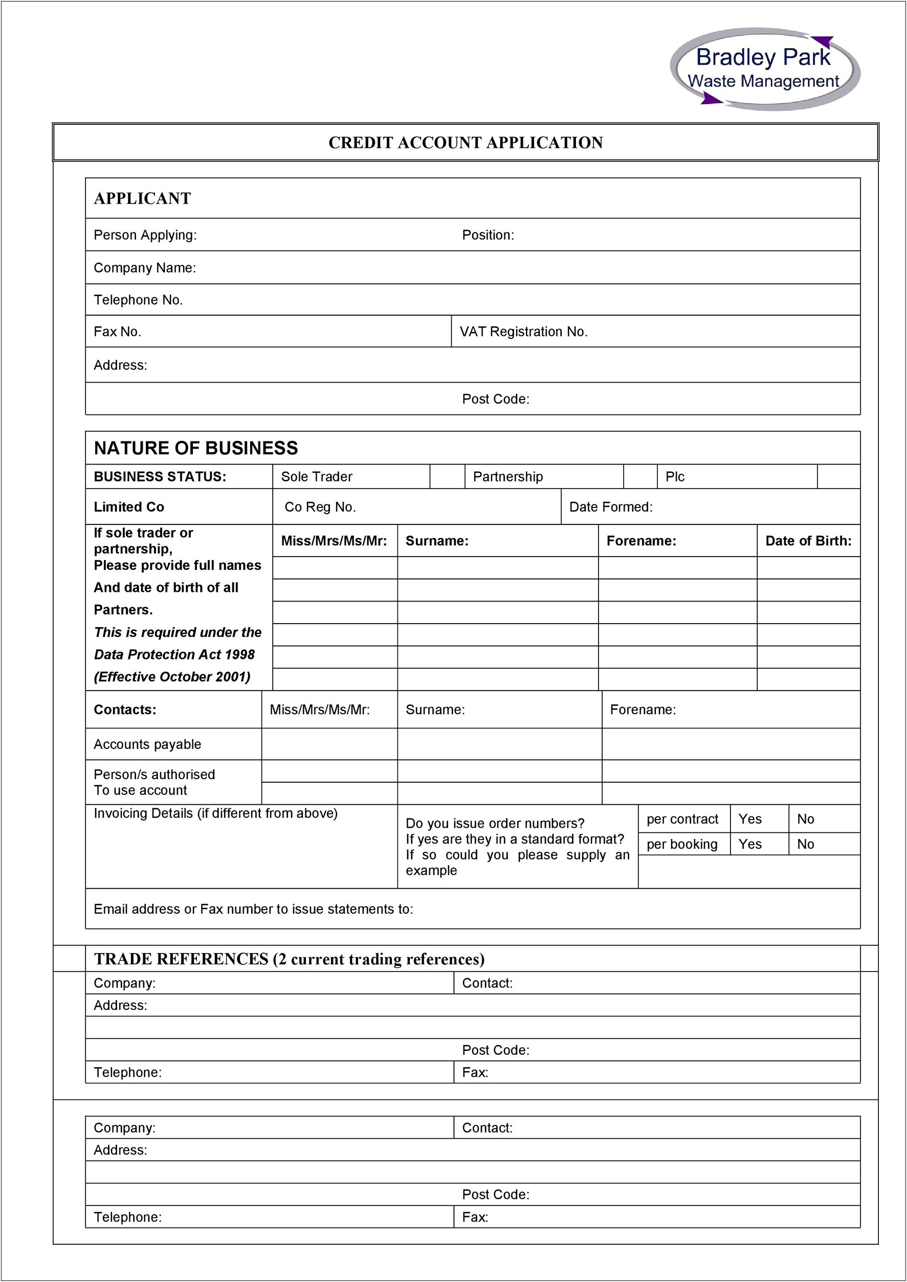 Free Business Credit Application Template Word Australia