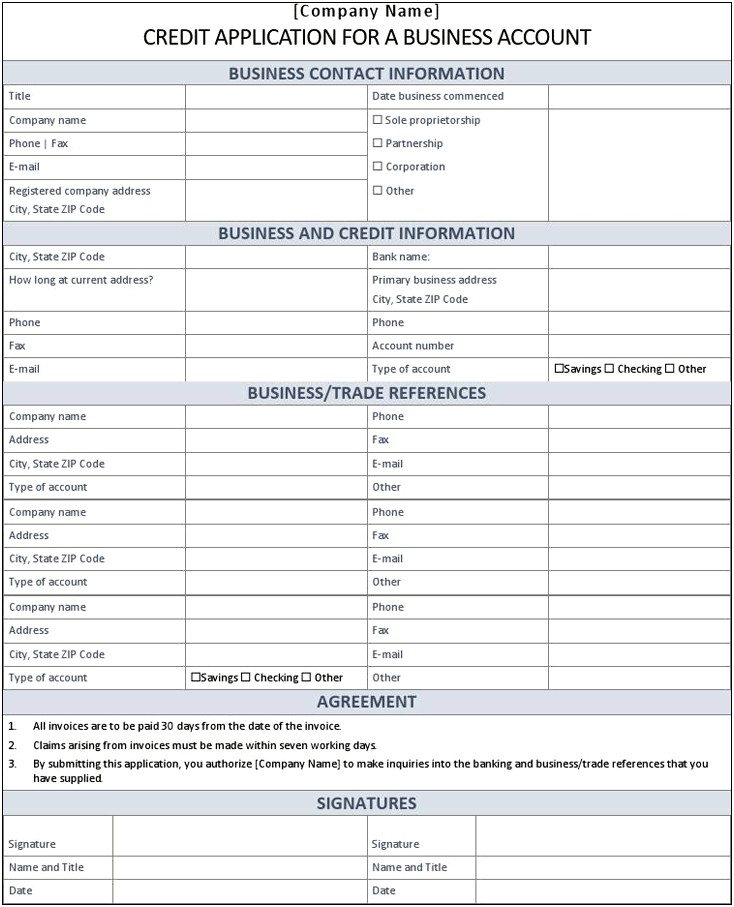 Free Business Credit Application Template Word Uk